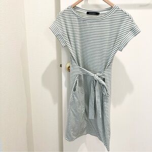 Striped T-shirt dress green and white with pockets Merokeety summer casual